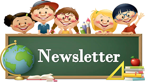 Children standing next to a chalkboard with newsletter on it