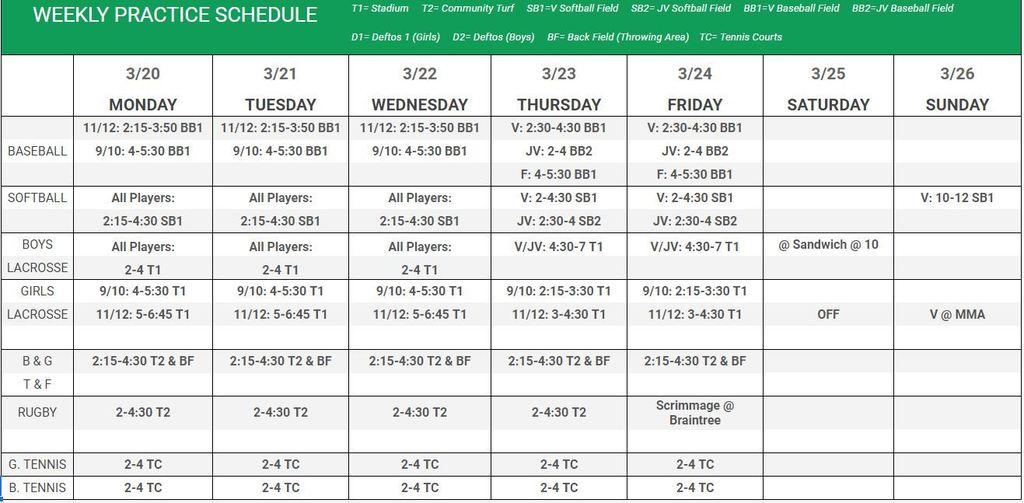 Spring Sport Week 1 Schedule